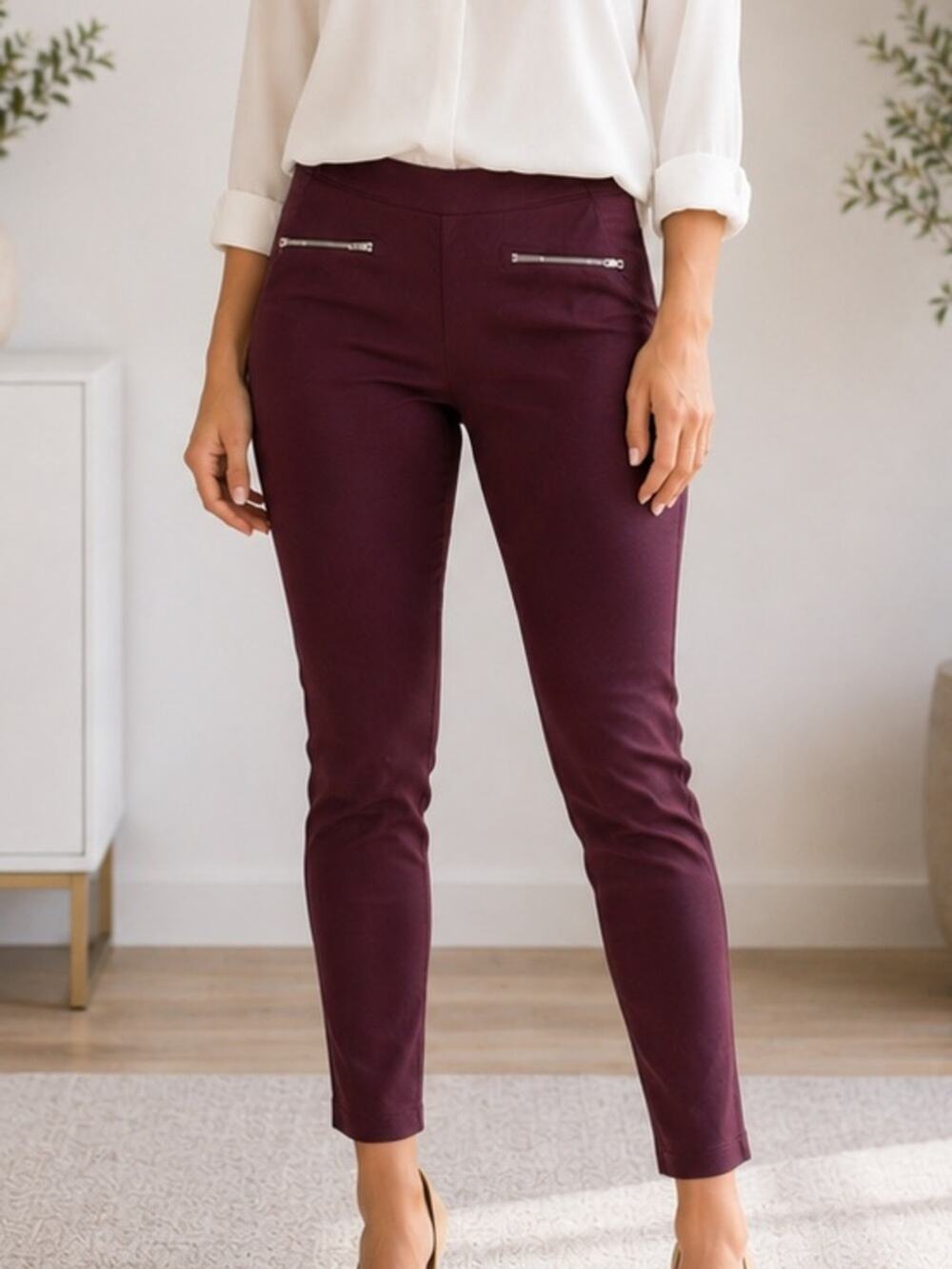 GAP Burgundy High Rise Pull-On Ankle Pants Zip Pocket Stretch L skinny